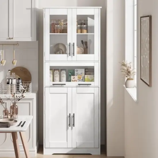 Pantry Cabinet, Tall Bathroom Storage Cabinet with Glass Doors and Adjustable Shelf, Freestanding Cupboard Tall Linen Cabinets image {9}
