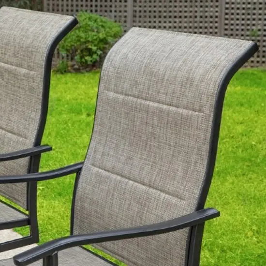 Captiva Designs 7pc Black Slatted Round Steel Table with Umbrella Hole & Grayish Brown Textilene Chairs image {12}