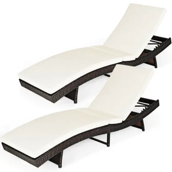 Costway 2PCS  Patio Rattan Folding Lounge Chair Chaise Adjustable White Cushion image {2}