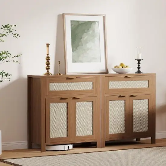 Sideboard Buffet Cabinet, Wooden Credenza Storage Cabinet with Adjustable Shelves, Drawers and Rattan Doors, Accent Buffet Console Table image {1}