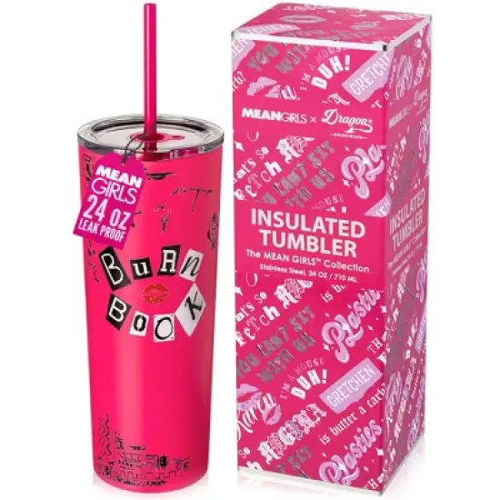Mean Girls x Dragon Glassware 24 oz Vacuum Insulated Tumbler with Lid and Straws Burn Book image {10}