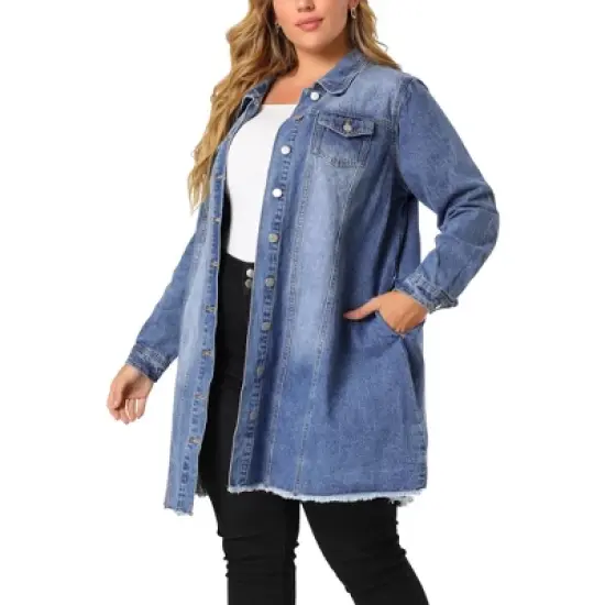 Agnes Orinda Women's Plus Size Long Sleeve Raw Hem Long Denim Jacket image {6}