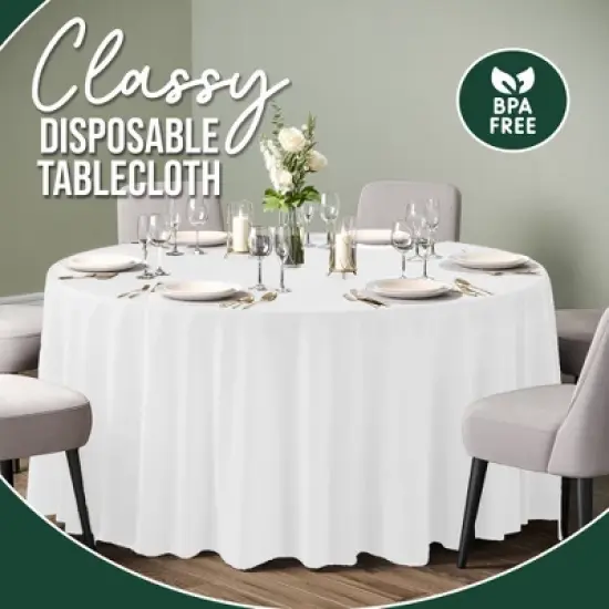 Crown Display White Round Disposable Tablecloth for Parties- 120 Inch White Plastic Table Cloth - Floor Length Tablecloth for 6 foot Table - 12 Pack image {2}