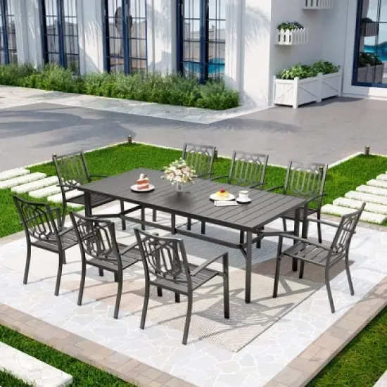 Captiva Designs 9pc Spacious Slat-top Rectangle Metal Table & Steel Stackable Chairs image {16}