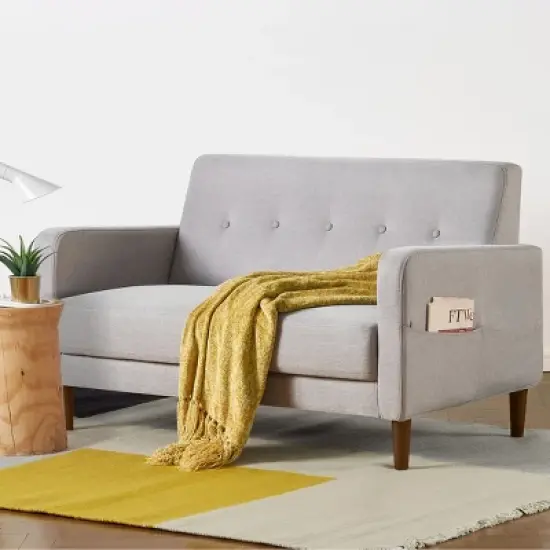 Adair Mid Century Modern Loveseat with Armrest Pockets Tufted Linen Fabric Light Gray - Mellow image {2}