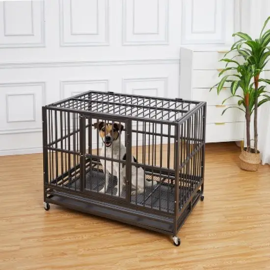 Heavy Duty Dog Crate - Indestructible Metal Kennel with Wheels & Double Doors, 33" High Anxiety Pet Cage with Removable Tray for Large Dogs - Black image {5}