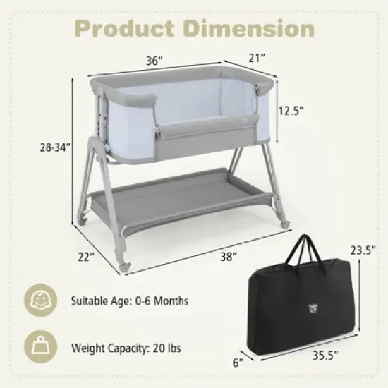 Infans Baby Bedside Bassinet Bed Folding Portable Adjustable Crib w/ Storage image {4}