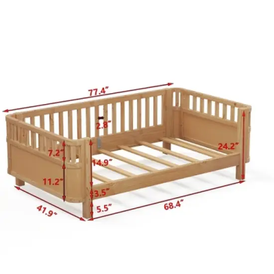 Twin/Full Wood Platform Bed Daybed with Safety Rails, Sofa Bed Low Profile Toddler Bed Frame - ModernLuxe image {3}