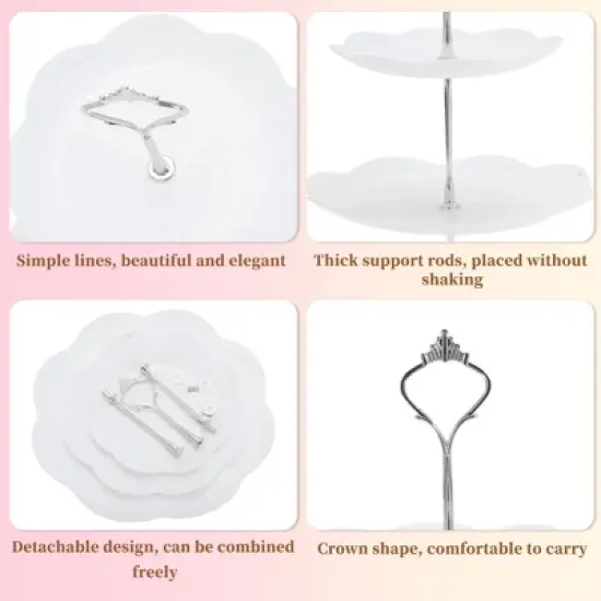 Unique Bargains 3 Tier Dessert Cupcake Stand Round with Tiered Serving Tray for Donuts Fruits White Silver Tone image {2}