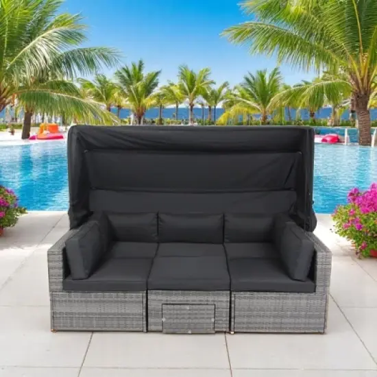 7-Piece Outdoor Patio Furniture Set with Retractable Canopy,Wicker Rattan Sectional Sofa with Washable Cushions for Lawn,Garden, Backyard, or Poolside image {9}