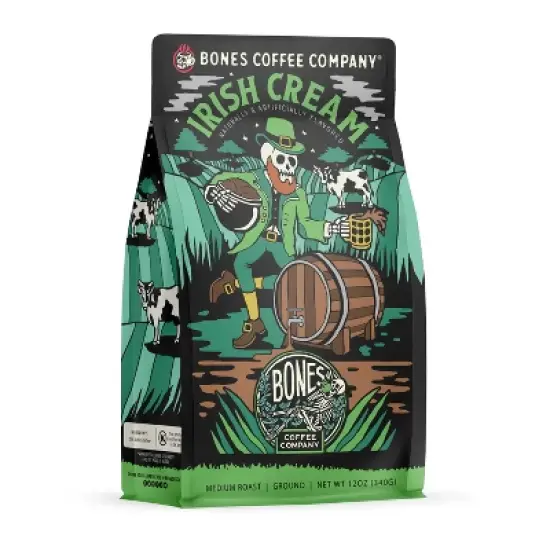 Bones Coffee Company Irish Cream Ground Coffee Beans Nutty Flavor 12 oz Medium Roast (Ground) image {3}