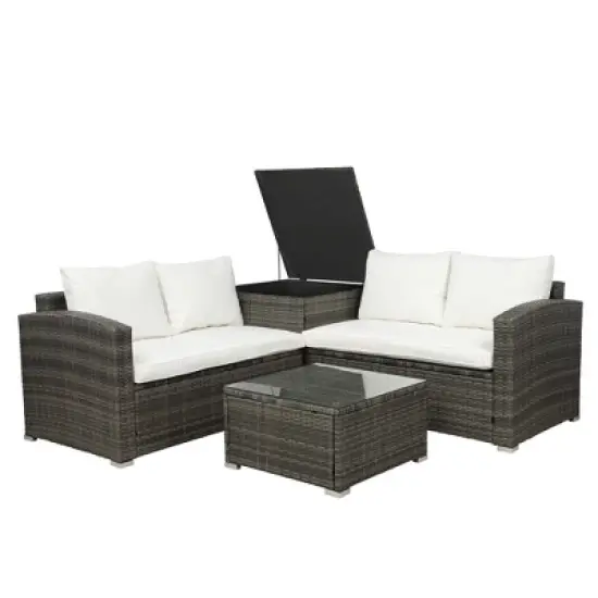 4pc Wicker Patio Conversation Set with Cushions - Gray/Beige - GODEER image {6}