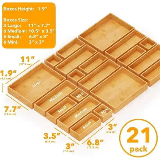 21-Piece Bamboo Drawer Organizer Set &ndash; Multi-Use Divider Bins for Kitchen, Bathroom, Office, and Makeup Storage, Natural image {2}