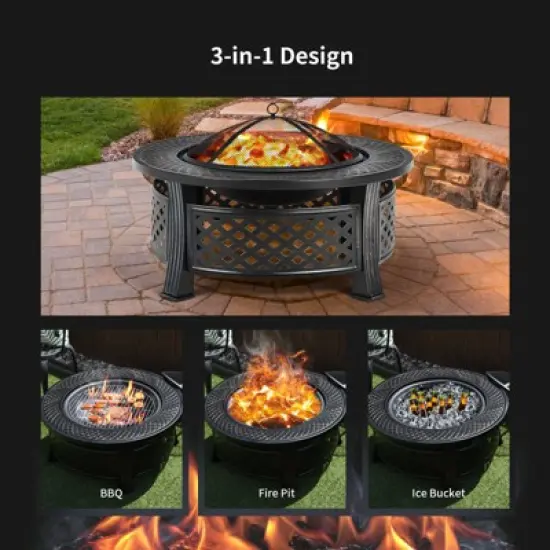 Tangkula 3-in-1 Round Fire Pit Set 32 Inch Round Wood Burning Firepit Table Multifunctional Metal Firepit Stove image {2}