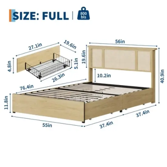 Bed Frame with Natural Rattan Headboard, Queen Size, 4 Storage Drawers, Wooden Slats, Boho-Style Cane Support, Metal Base image {1}