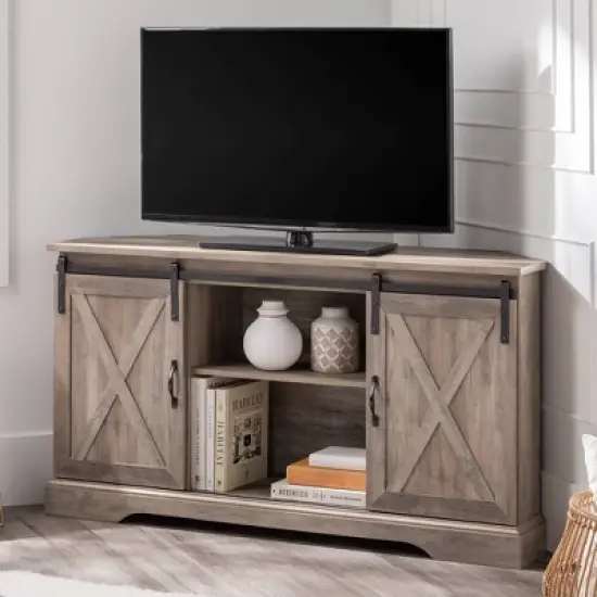 Robinson Rustic Transitional Sliding Barn Door Corner TV Stand for TVs up to 58" - Saracina Home image {12}