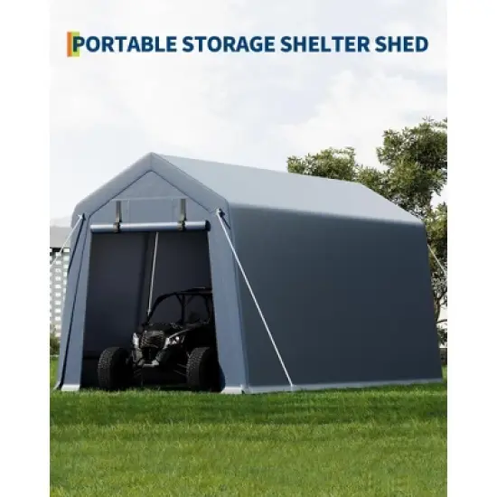 10x15FT Outdoor Storage Shed, Portable Carport with Roll-up Zipper Door and Windows, Heavy Duty Motorcycle Shed Garage Tent for Bike Firewood Tools image {1}