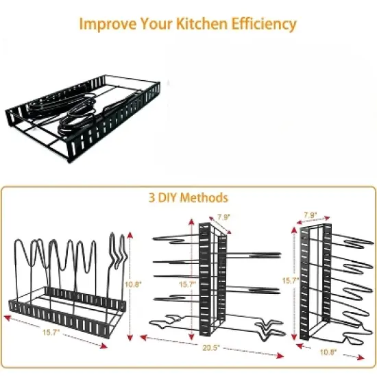 INFURNIC Kitchen Racks Versatile Pot Rack Organizer with Adjustable Tiers and Secure Lid Holder, for Cookware and Lids, Black, 15.7"*7.9"*10.8" image {2}
