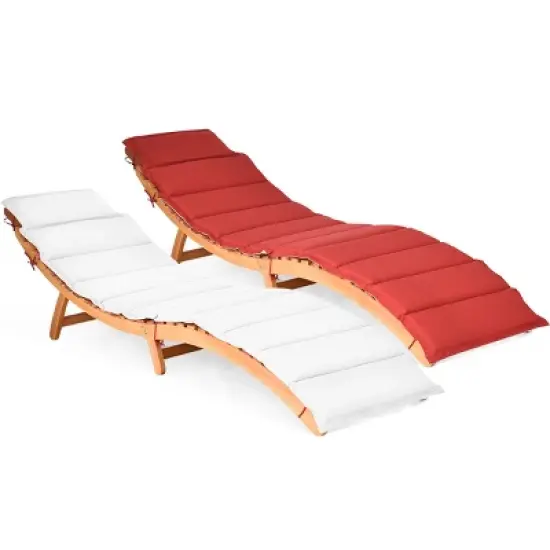Costway 2 PCS Folding Wooden Outdoor Lounge Chair Chaise Red/White Cushion Pad Pool Deck image {10}