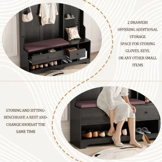 TIRAMISUBEST 4-in-1 Hall Tree with Cushioned Bench & Pegboard - Entryway Organizer, Black image {3}