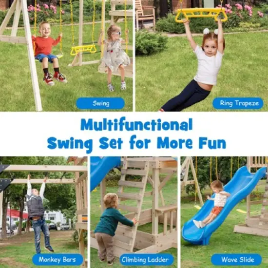 Costway Backyard Wooden Swing Set Slide Playset for Kids Outdoor Climbing Wall Sandpit image {4}