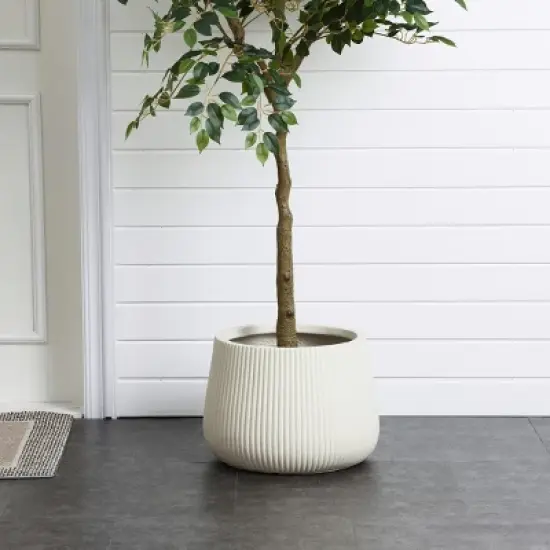 LuxenHome 15.5" Dia Round Concrete Planter Large Indoor Outdoor Plant Pot with Drainage Hole and Plug Modern Off-White Ripped Flower Pot image {4}