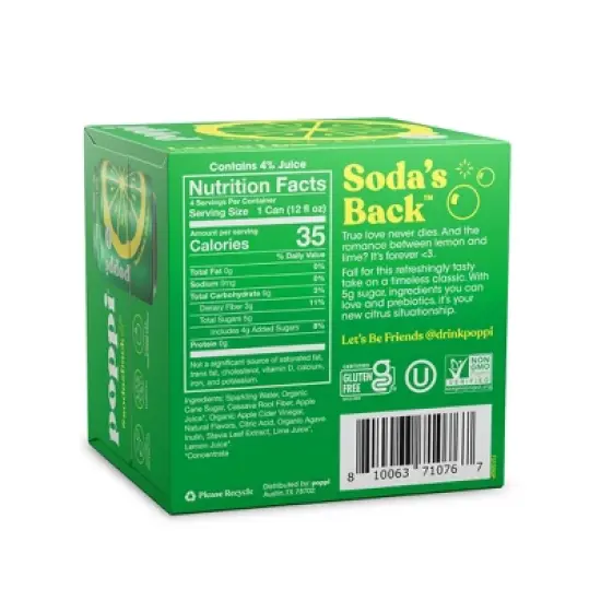 Poppi Lemon Lime Prebiotic Beverage - 4pk/12 fl oz Cans image {1}