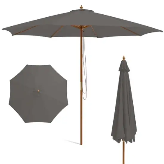 Costway 10FT Patio Wooden Market Table Umbrella Pulley with 8 Bamboo Ribs Sunshade Canopy Coffee/Gray/Navy/Wine/Beige image {12}