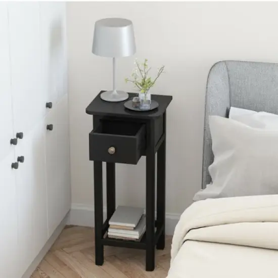 Costway 2 Tier End Bedside Sofa Side Table with Drawer Shelf Acacia Wood Nightstand Black image {3}