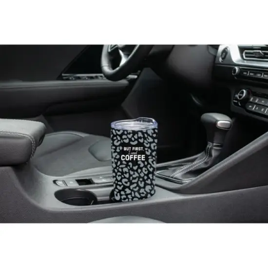 100 North 20 Ounce Stainless Steel On the Go Travel Tumbler With Push Top Lid, First I Need Coffee Black image {2}