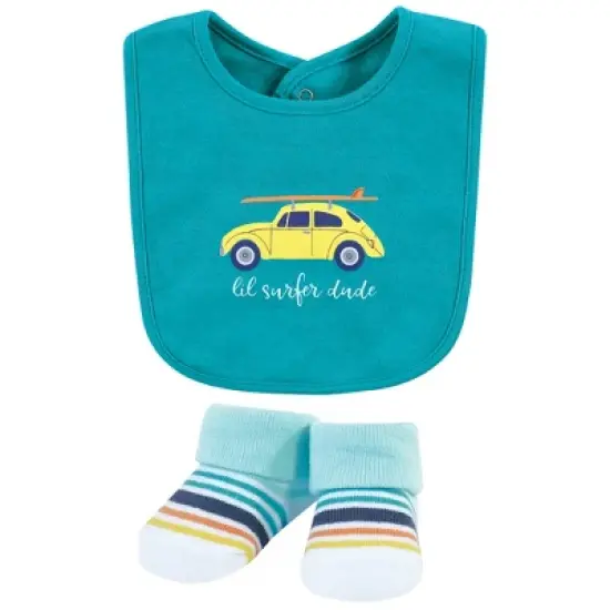 Hudson Baby Infant Boy Cotton Bib and Sock Set, Surfer Dude, One Size image {2}