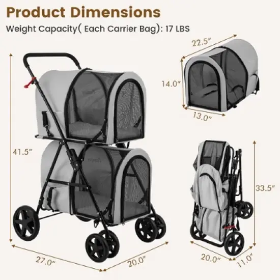Tangkula 4-in-1 Double Pet Stroller w/ Detachable Carrier Travel Carriage for Cats image {7}