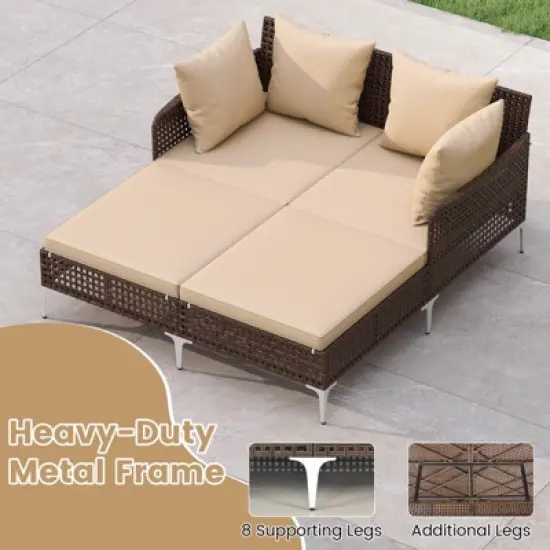 Costway Outdoor Patio Daybed PE Rattan Sunbed with Sponged-Filled Pillows and Cushions Brown/Navy image {7}