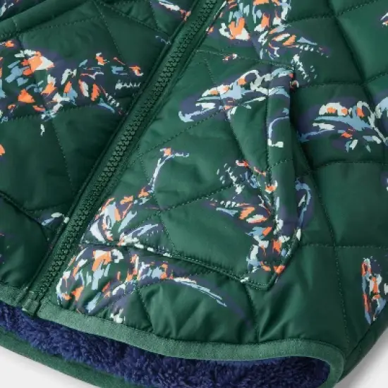 Toddler Boys' Dino Printed Quilted Reversible Puffer Jacket - Cat & Jack&trade; Dark Green image {3}