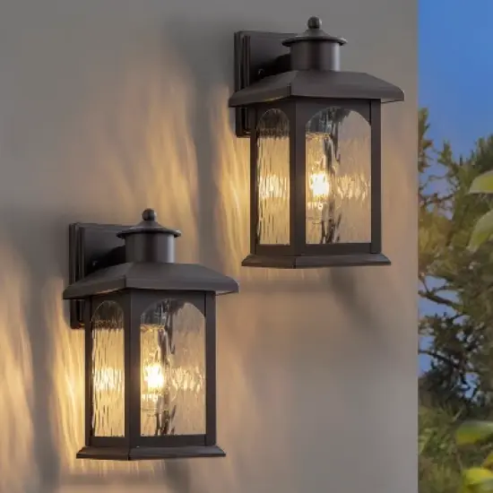 C Cattleya 2-Pack 12in. Oil Rubbed Bronze Outdoor Wall Lantern with Water Ripple Glass image {1}