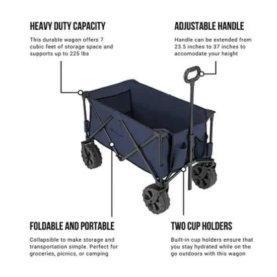 Woods Outdoor Collapsible Folding Garden Utility Wagon Cart w/ 225 Pound Capacity, 7 Cubic Feet of Storage for Camping, Beach, & Park, Navy image {2}