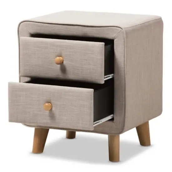 Jonesy Mid - Century Linen Upholstered 2 - Drawer Nightstand - Buff Beige - Baxton Studio image {3}