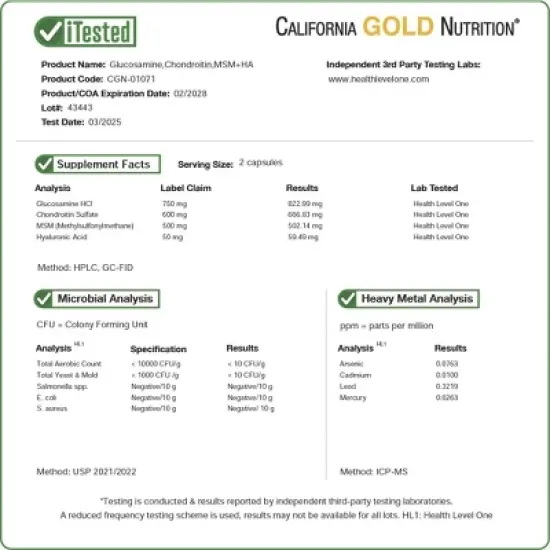 California Gold Nutrition Glucosamine, Chondroitin, MSM Plus Hyaluronic Acid, 120 Veggie Caps image {3}