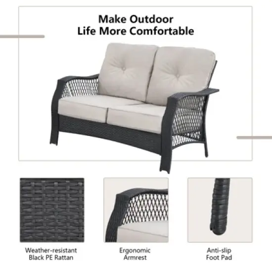 Tangkula 4PCS Patio Rattan Furniture Set Outdoor Conversation Set w/Tempered Glass Coffee Table Beige image {8}