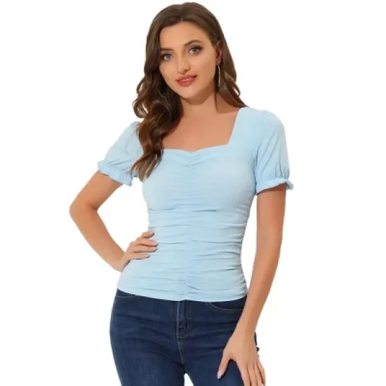 Allegra K Women's Square Neck Puff Sleeve Elegant Glitter Ruched Blouse image {5}