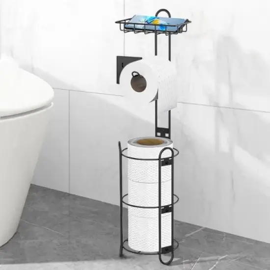 SEVOBAL Tissue Paper Roll Stand Shelf Bathroom Toilet Paper Storage Holder Floor Standing Toilet Paper Dispenser, Black, 14.04"*7.22"*2.34" image {1}