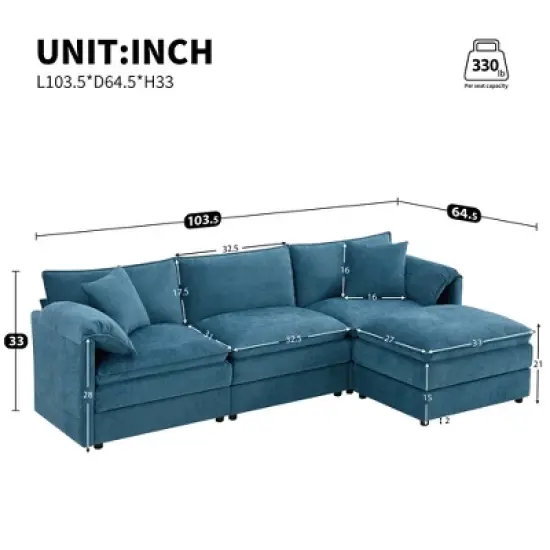 YOOCOZZ Double-Cushion Chenille Sectional Sofa with 2 Movable Ottomans and Armrest Pillows image {10}