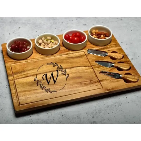Picnic at Ascot - Large Personalized Monogrammed Premium Acacia Charcuterie Board Set with Ceramic Bowls & Cheese Knives - 17" x 13" image {26}