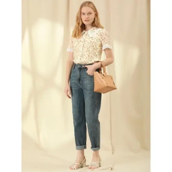 Allegra K Women's Peter Pan Collar Lace Embroidered Casual Floral Shirt Blouse image {2}