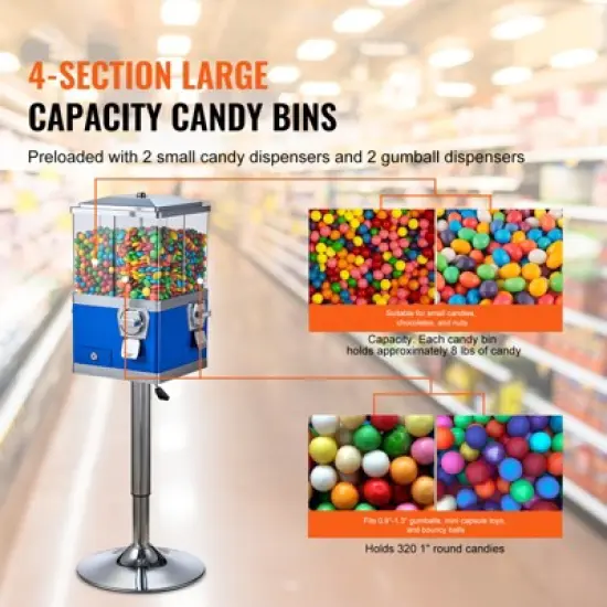 VEVOR Commercial Vending Machine, Four Compartment Rotatable Gumball and Candy Dispenser, Adjustable Height Coin Operated Candy Bank, Blue image {2}