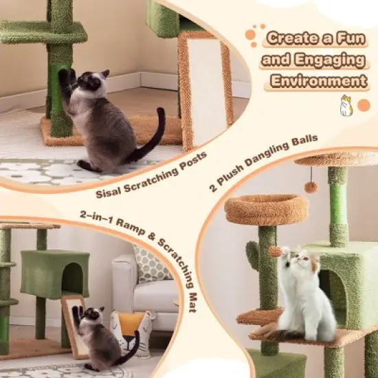 Tangkula 63" Cactus Cat Tree for Indoor Cats w/Sisal Scratching Posts & Ladder Basket Bed image {4}