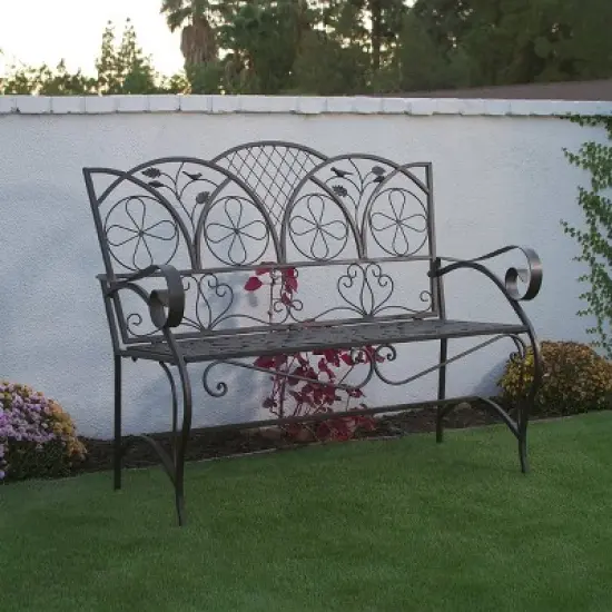 38" x 45" Iron Birds and Leaves Outdoor Garden Bench Brown - Alpine Corporation image {1}