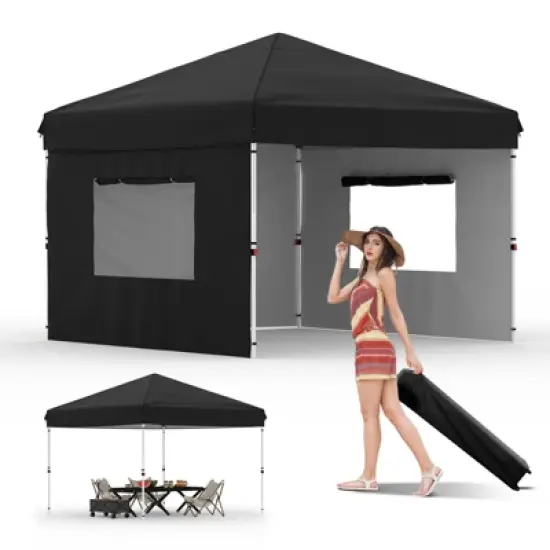 10x10 Pop Up Canopy with Removable 3 Sidewalls - Easy Up - 1 Roller Bag,3 Adjustable Height,4 Weight Bags for Deck,Garden,Sports,Beach,Party image {8}