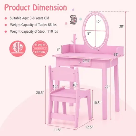 Costway Kids Vanity Set with Lighted Mirror Chair 2-Color LED Lighting for Girls Makeup White/Pink image {2}