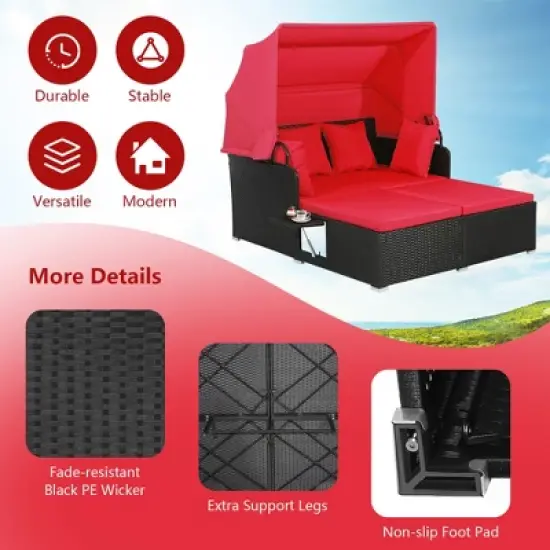 Tangkula Patio Hand-Woven PE Wicker Daybed Outdoor Loveseat Sofa Set w/ Red Cushions image {7}